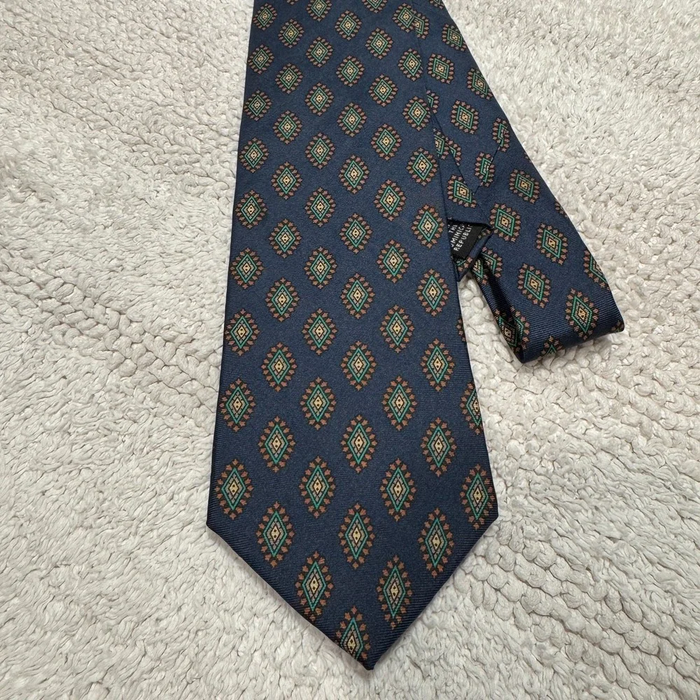 Vintage ClayBrooke Tie Blue Green Geometric Monogram Medallion Foulard Silk